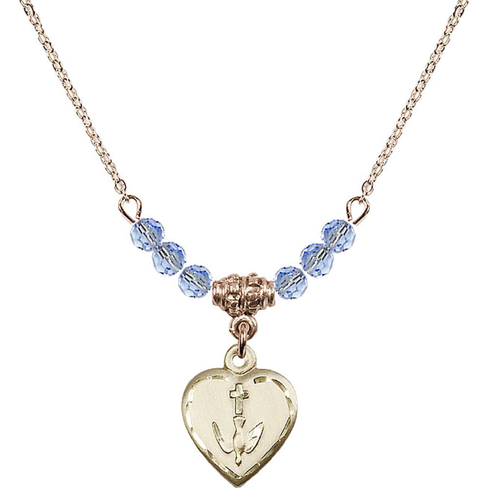 14kt Gold Filled Heart / Confirmation Birthstone Necklace with Light Sapphire Beads - 0891