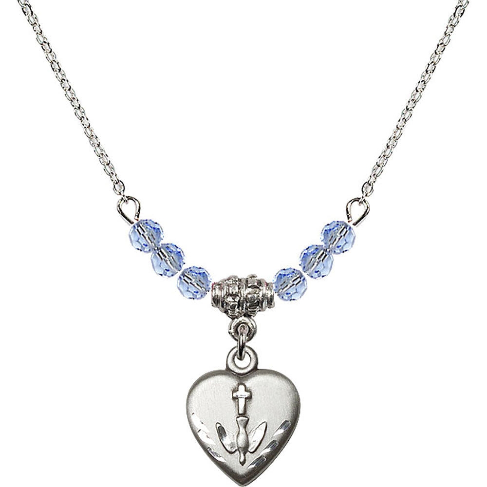 Sterling Silver Heart / Confirmation Birthstone Necklace with Light Sapphire Beads - 0891