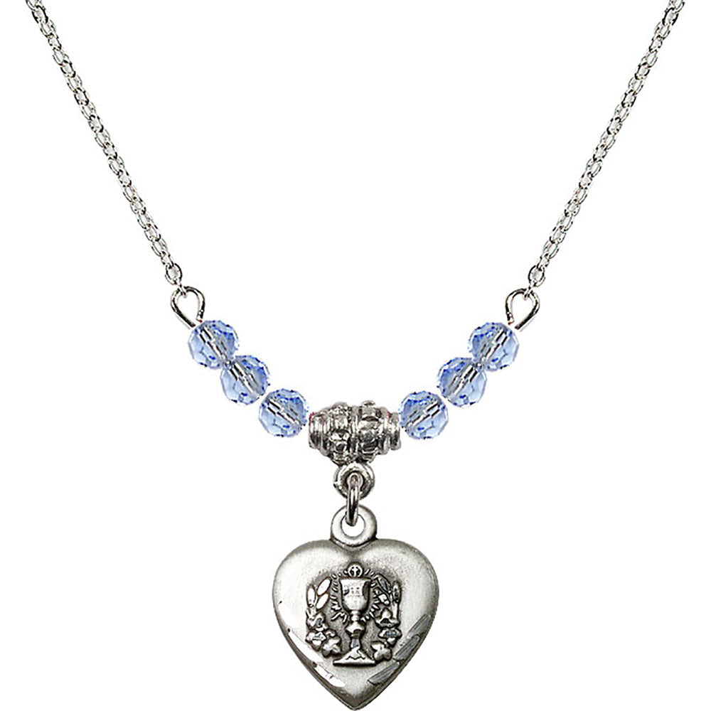 Sterling Silver Heart / Communion Birthstone Necklace with Light Sapphire Beads - 0892