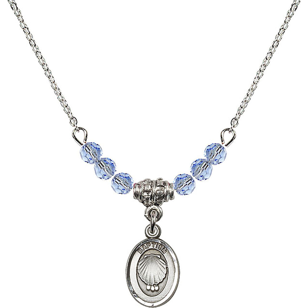 Sterling Silver Baptism Birthstone Necklace with Light Sapphire Beads - 0974