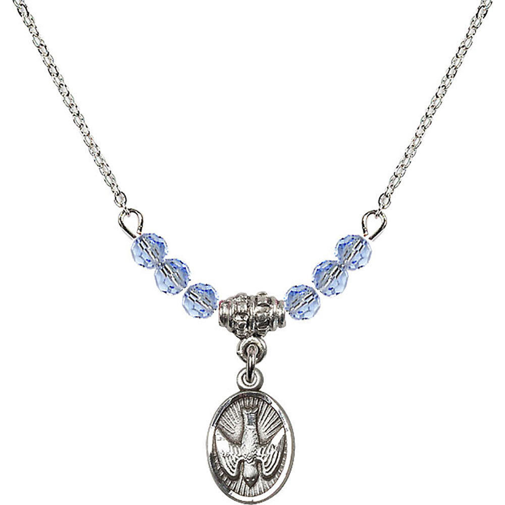 Sterling Silver Holy Spirit Birthstone Necklace with Light Sapphire Beads - 0982