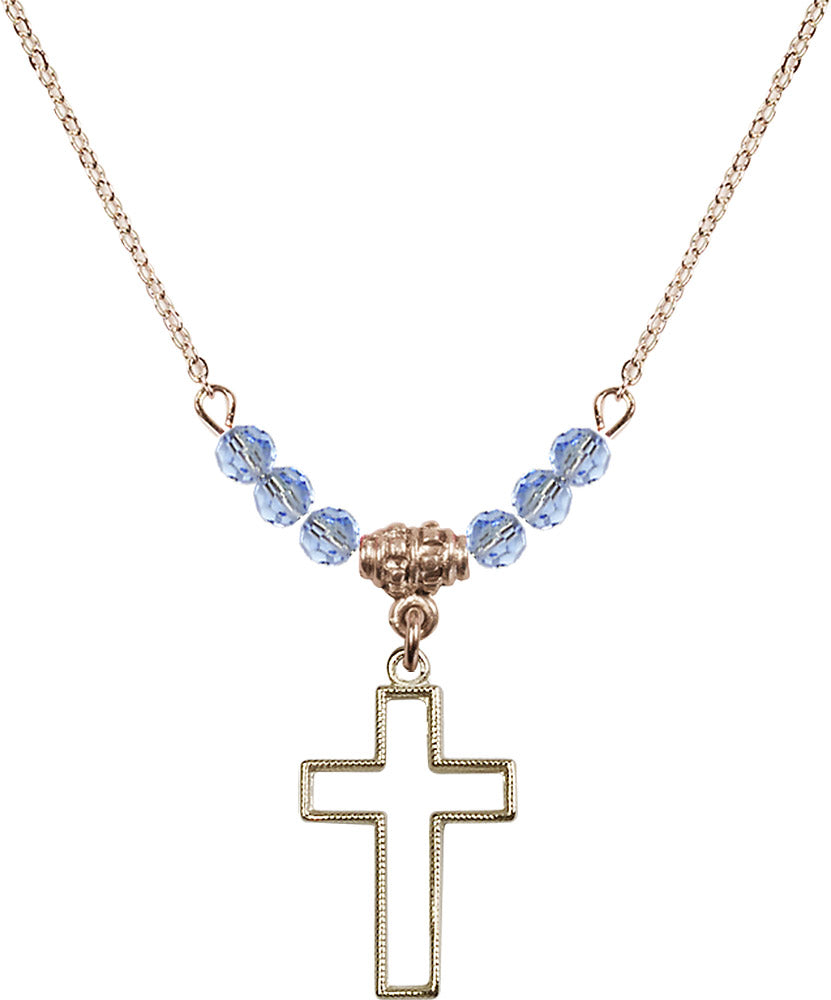 14kt Gold Filled Cross Birthstone Necklace with Light Sapphire Beads - 1708