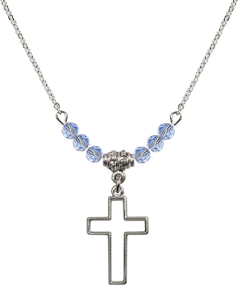 Sterling Silver Cross Birthstone Necklace with Light Sapphire Beads - 1708