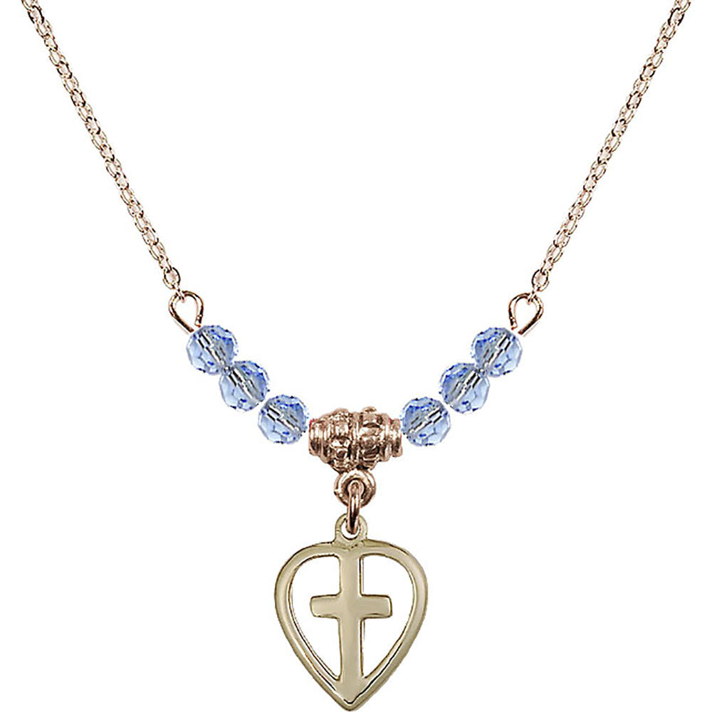 14kt Gold Filled Heart / Cross Birthstone Necklace with Light Sapphire Beads - 1709