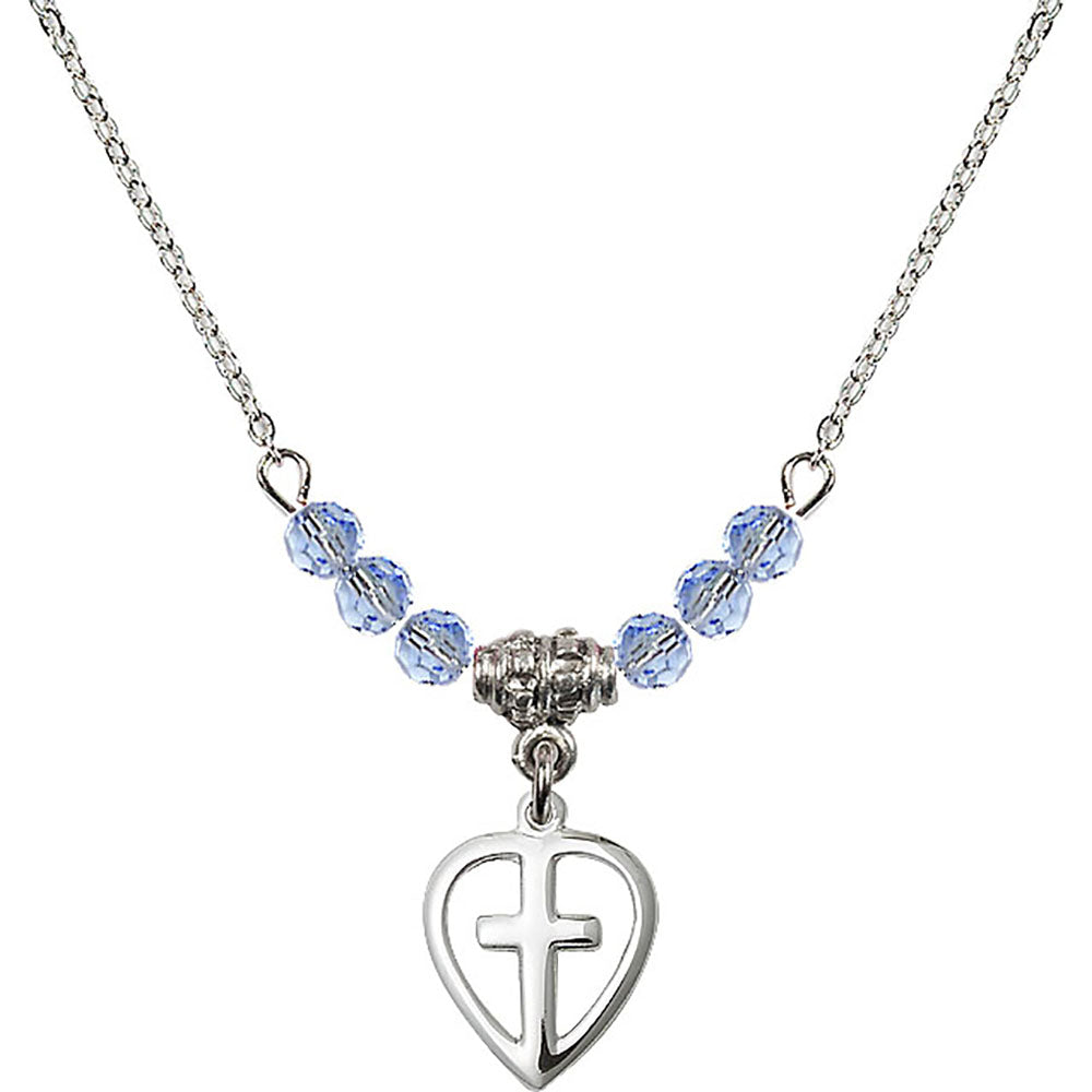 Sterling Silver Heart / Cross Birthstone Necklace with Light Sapphire Beads - 1709