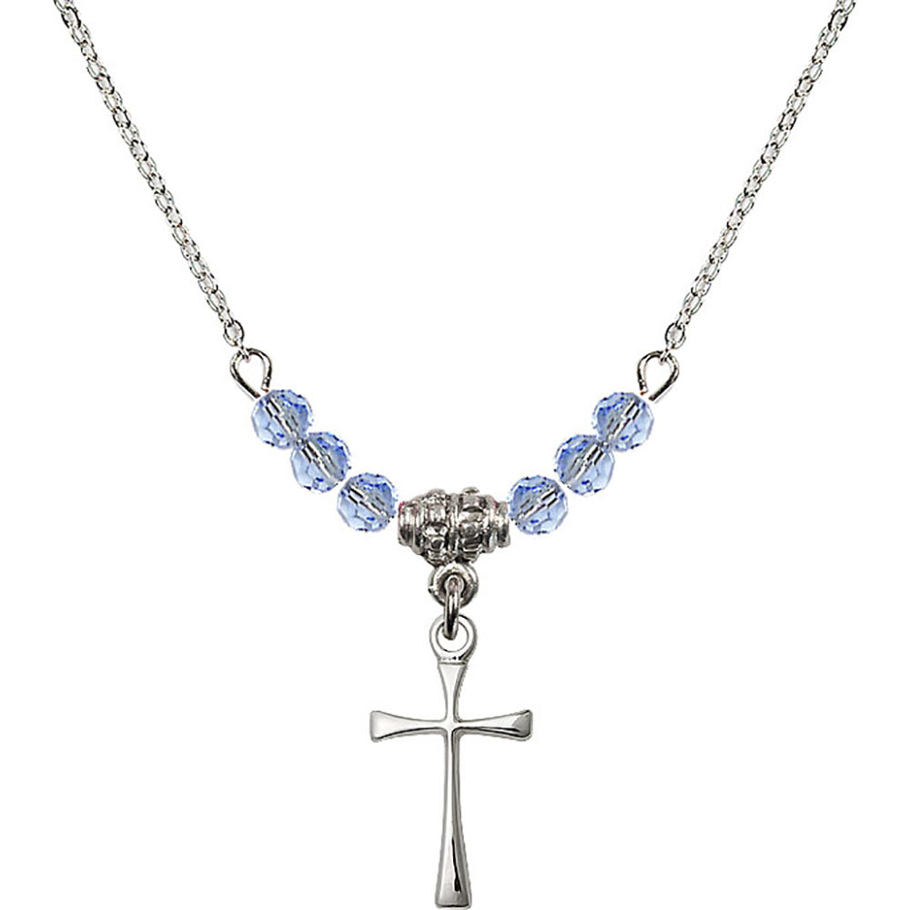 Sterling Silver Maltese Cross Birthstone Necklace with Light Sapphire Beads - 1872