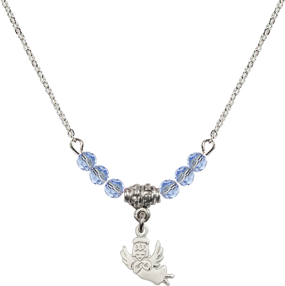 Sterling Silver Guardian Angel Birthstone Necklace with Light Sapphire Beads - 2128