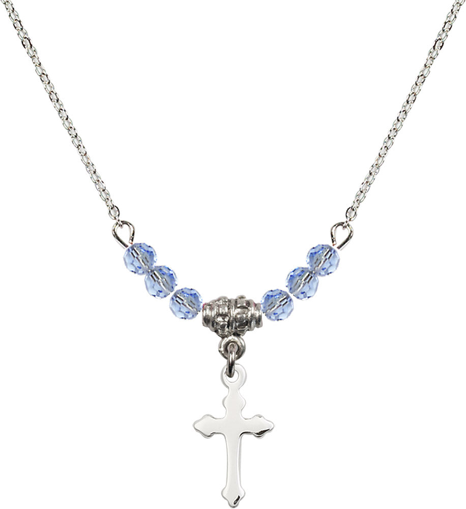 Sterling Silver Cross Birthstone Necklace with Light Sapphire Beads - 2528