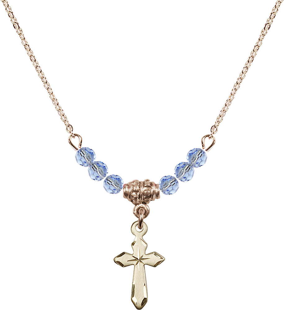 14kt Gold Filled Cross Birthstone Necklace with Light Sapphire Beads - 2529