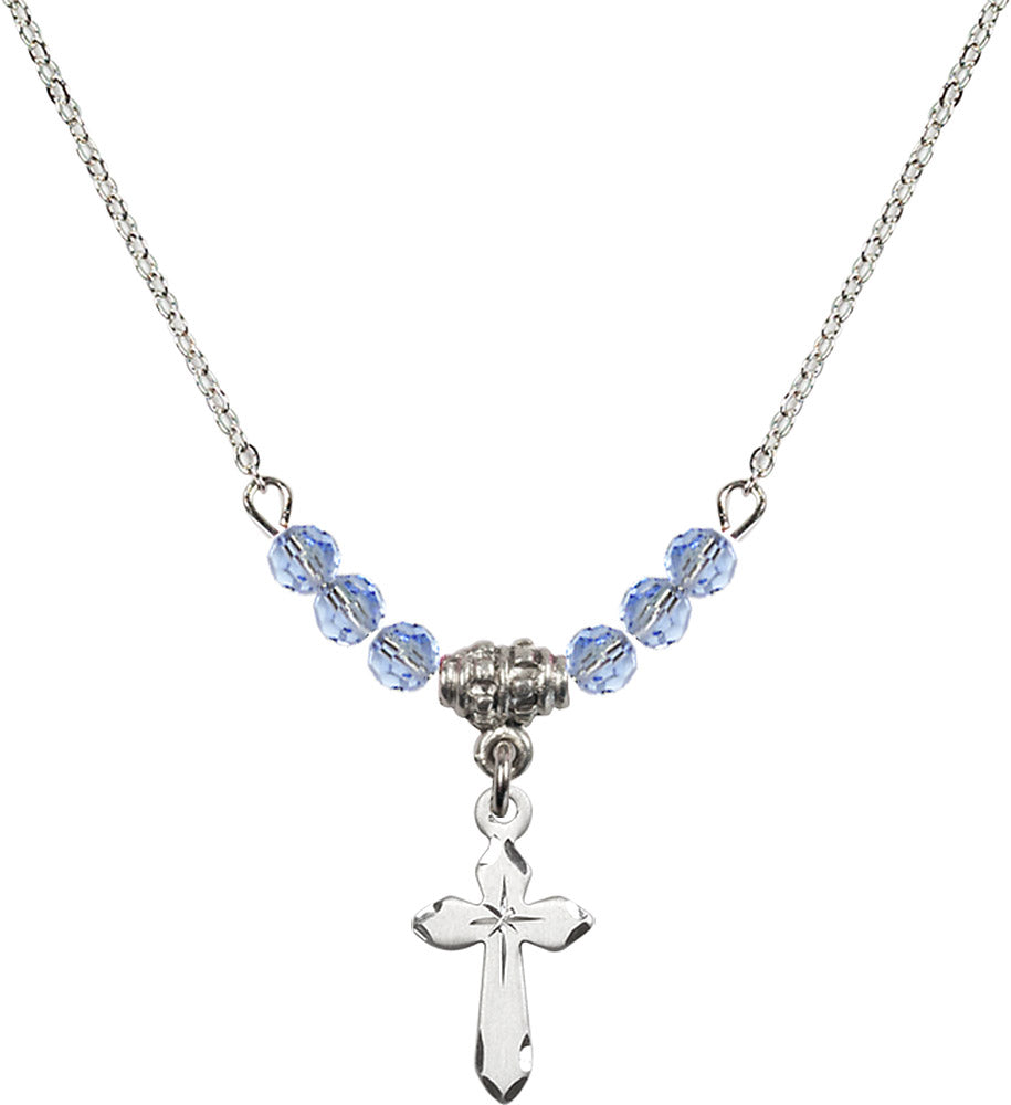 Sterling Silver Cross Birthstone Necklace with Light Sapphire Beads - 2529