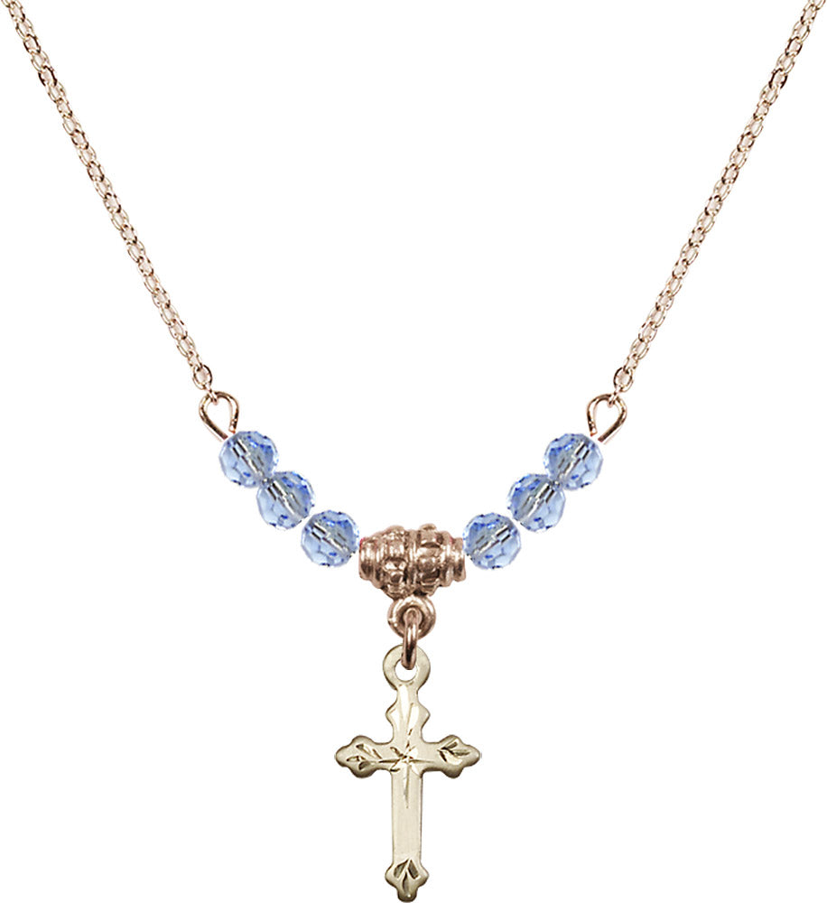14kt Gold Filled Cross Birthstone Necklace with Light Sapphire Beads - 2531