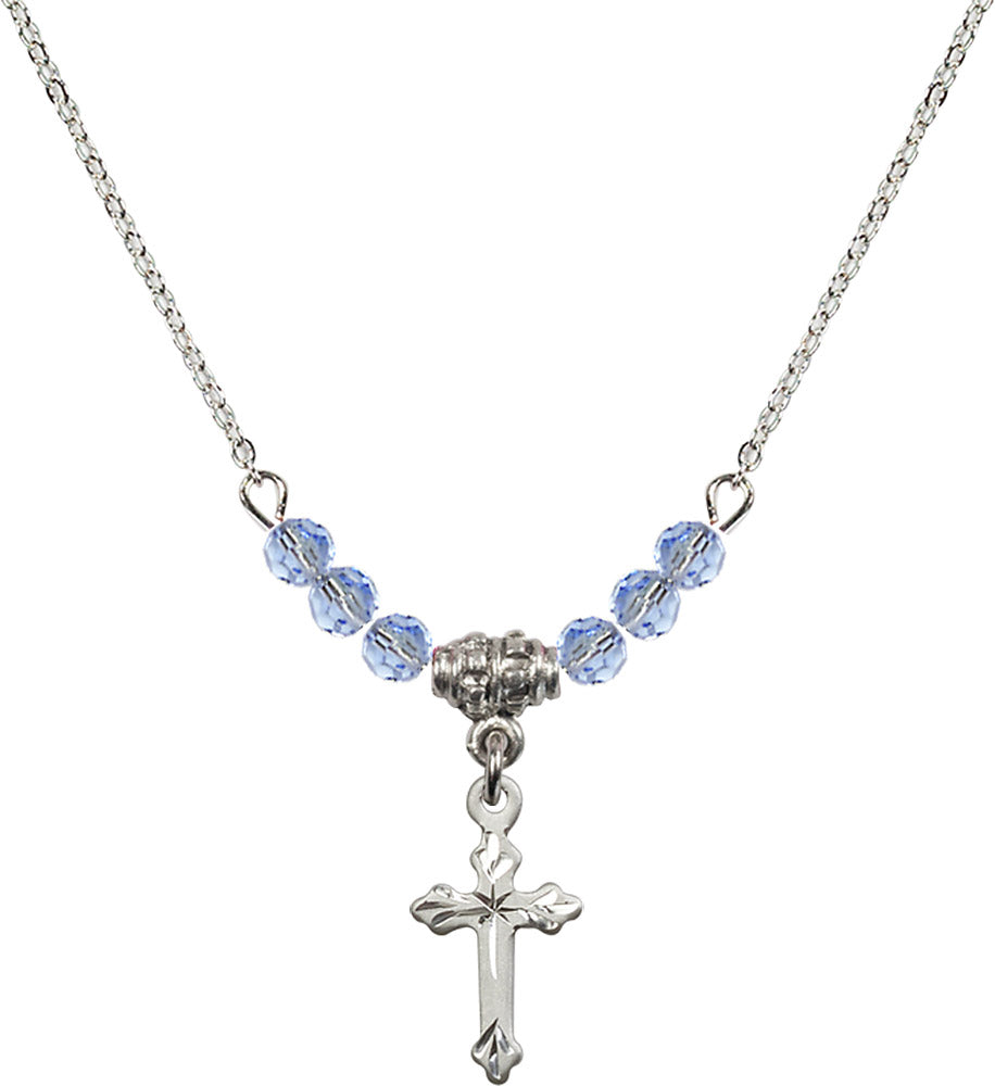 Sterling Silver Cross Birthstone Necklace with Light Sapphire Beads - 2531