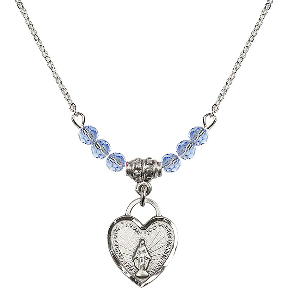 Sterling Silver Miraculous Heart Birthstone Necklace with Light Sapphire Beads - 3401