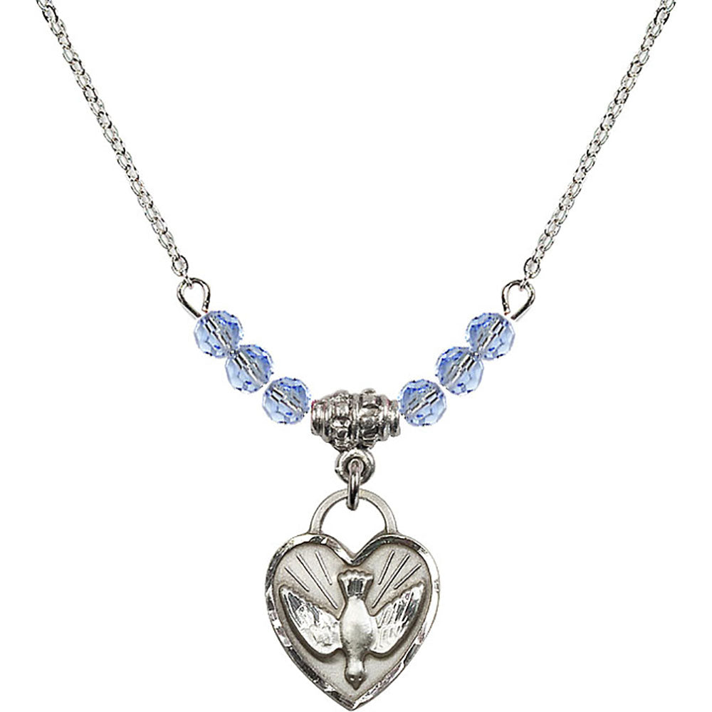 Sterling Silver Confirmation Heart Birthstone Necklace with Light Sapphire Beads - 3405
