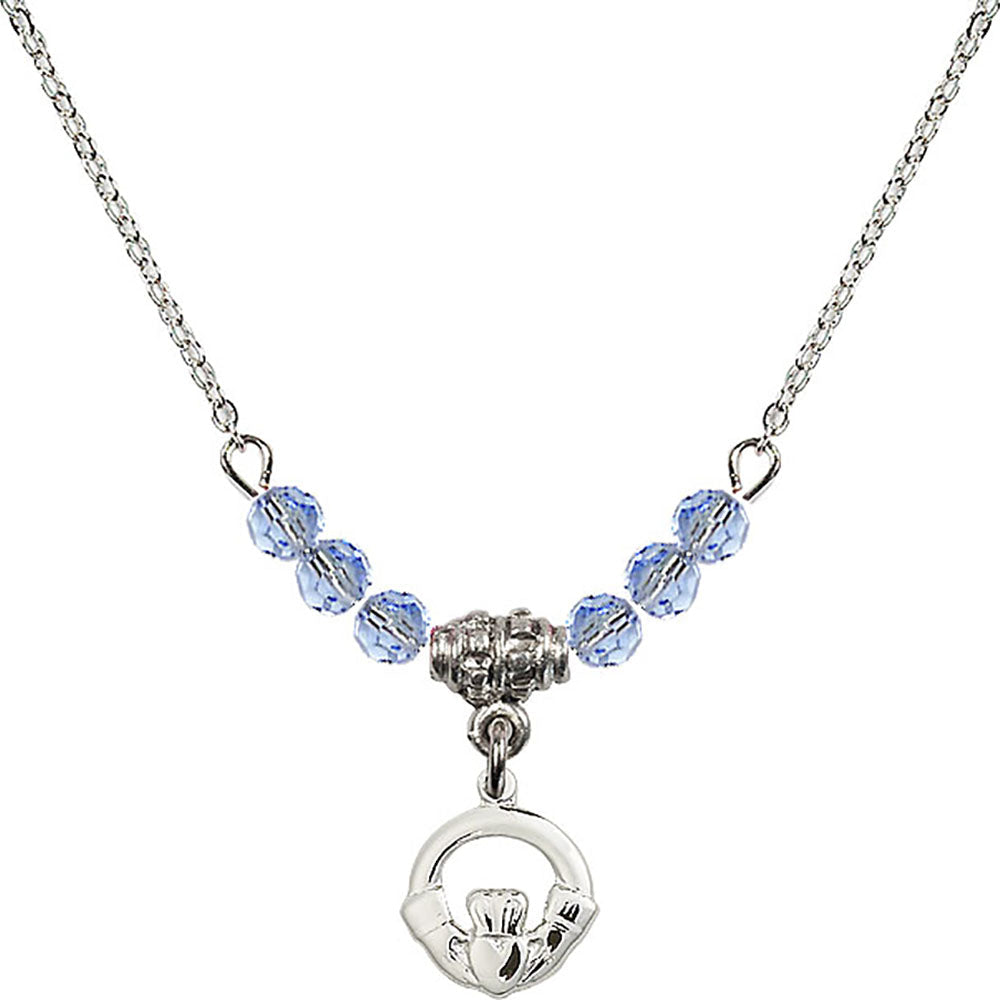Sterling Silver Claddagh Birthstone Necklace with Light Sapphire Beads - 4113