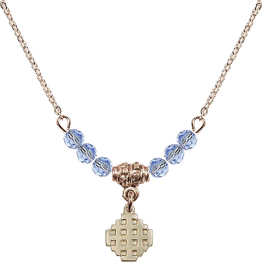 14kt Gold Filled Jerusalem Cross Birthstone Necklace with Light Sapphire Beads - 4118
