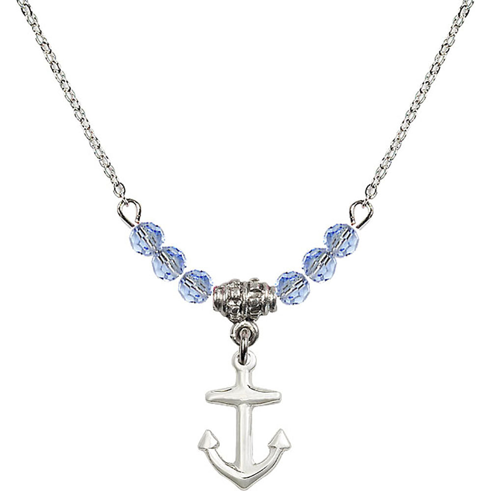 Sterling Silver Anchor Birthstone Necklace with Light Sapphire Beads - 4158