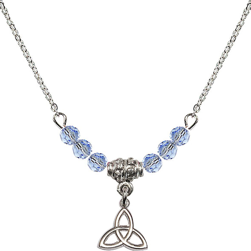 Sterling Silver Trinity Irish Knot Birthstone Necklace with Light Sapphire Beads - 5100