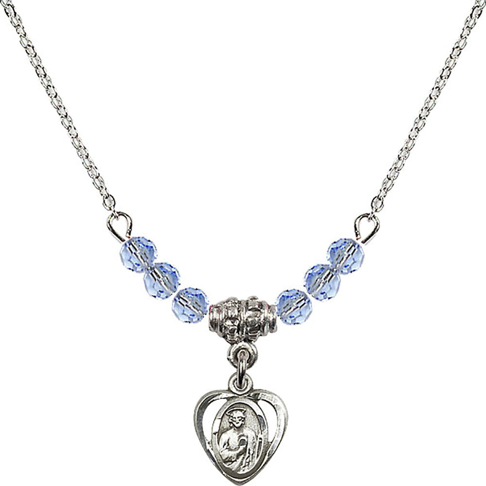 Sterling Silver Saint Jude Birthstone Necklace with Light Sapphire Beads - 5404