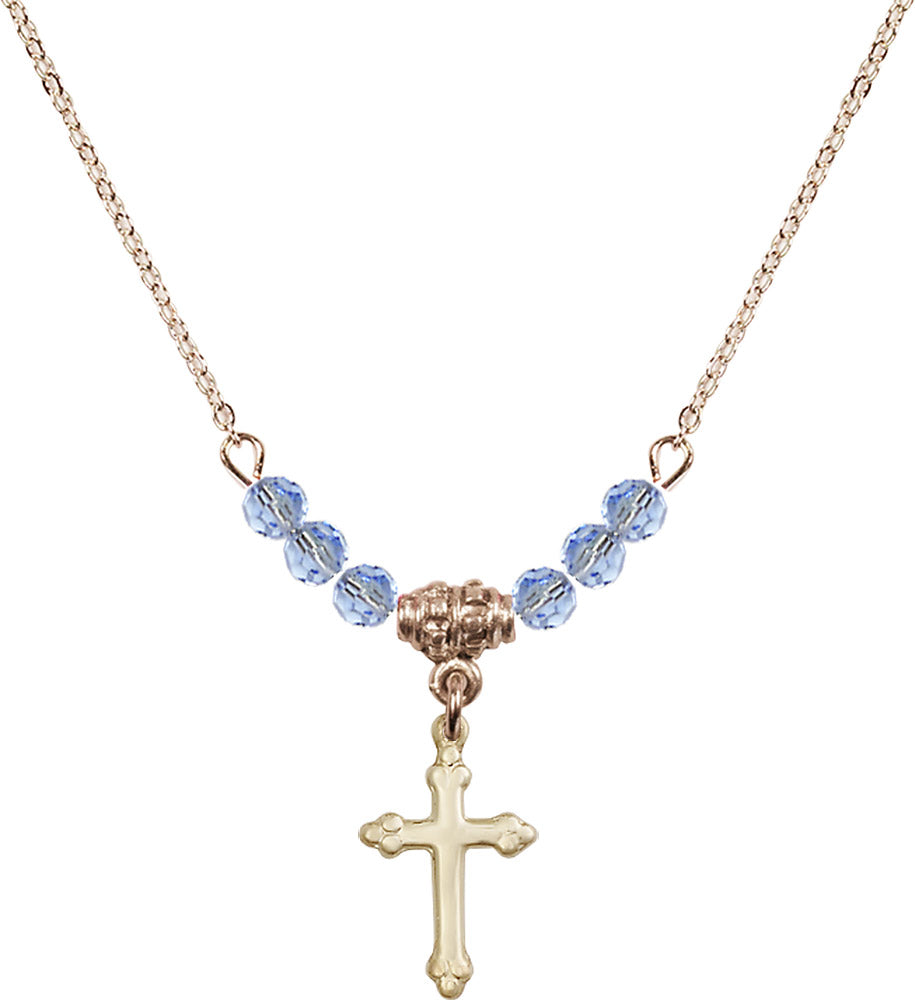 14kt Gold Filled Cross Birthstone Necklace with Light Sapphire Beads - 5415