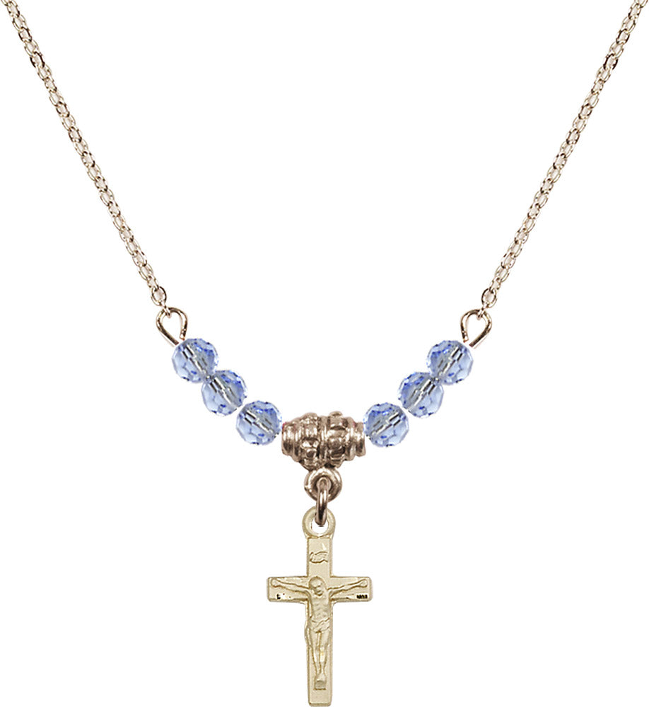 14kt Gold Filled Crucifix Birthstone Necklace with Light Sapphire Beads - 5417