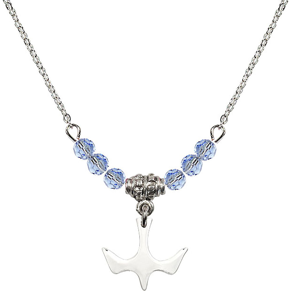 Sterling Silver Holy Spirit Birthstone Necklace with Light Sapphire Beads - 5431