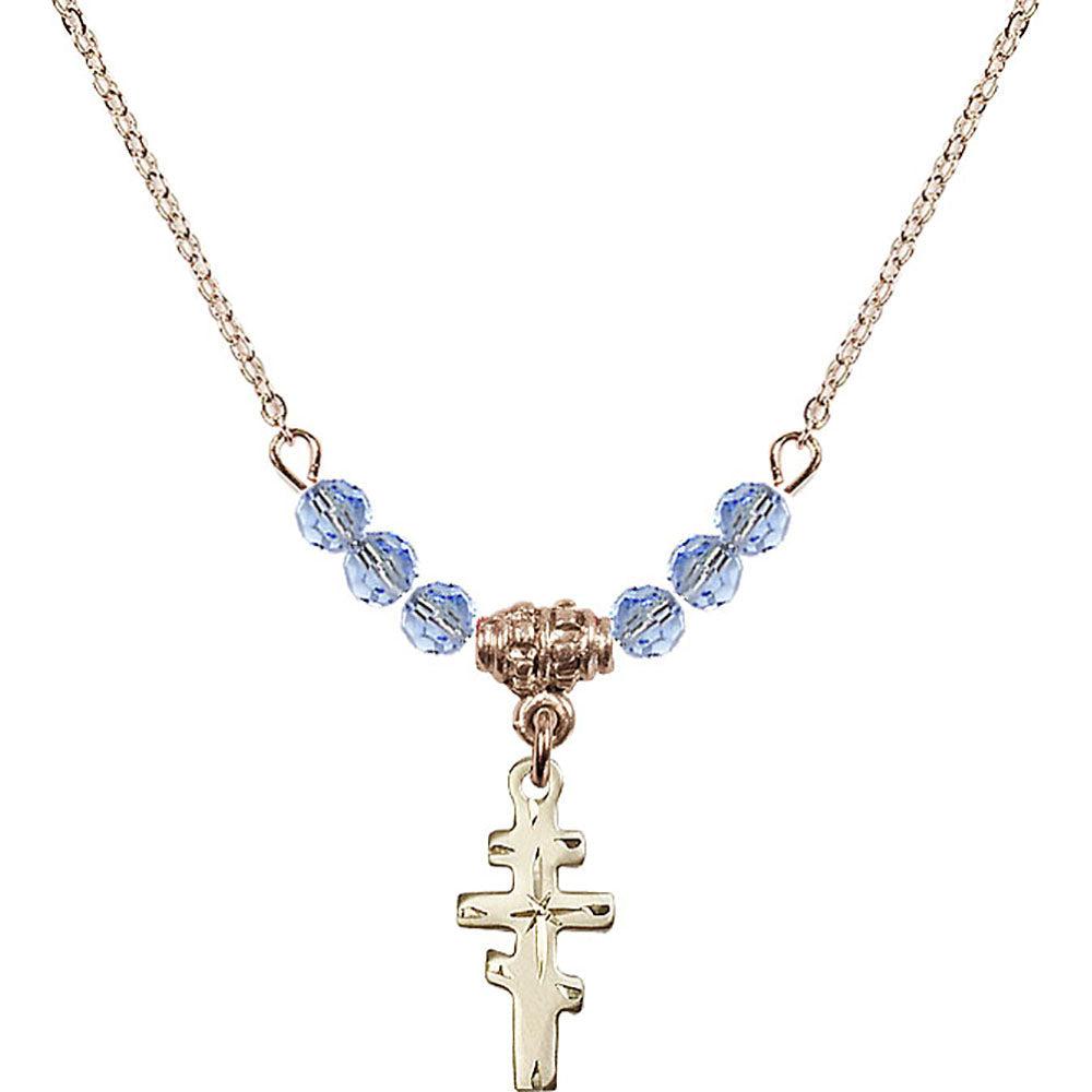 14kt Gold Filled Greek Orthadox Cross Birthstone Necklace with Light Sapphire Beads - 5654