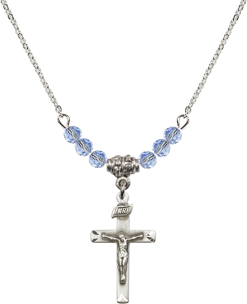 Sterling Silver Crucifix Birthstone Necklace with Light Sapphire Beads - 5668