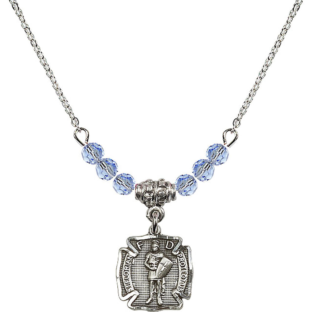 Sterling Silver Saint Florian Birthstone Necklace with Light Sapphire Beads - 5686