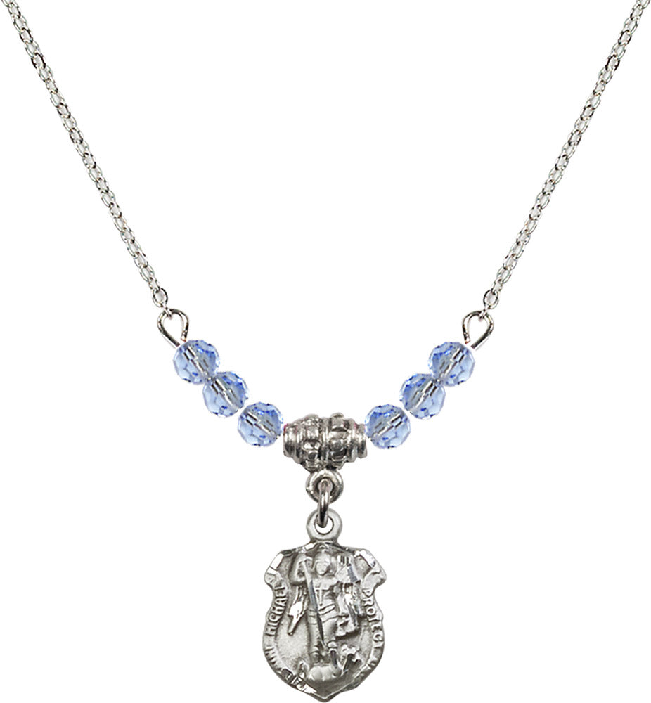 Sterling Silver Saint Michael the Archangel Birthstone Necklace with Light Sapphire Beads - 5699