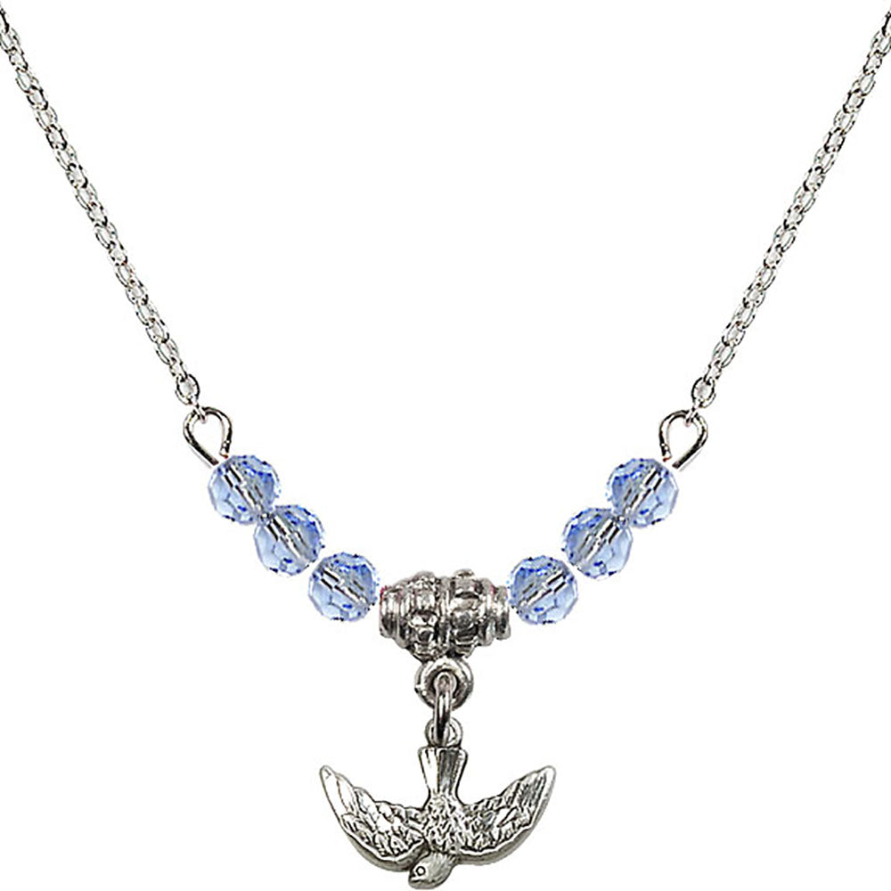 Sterling Silver Holy Spirit Birthstone Necklace with Light Sapphire Beads - 5911