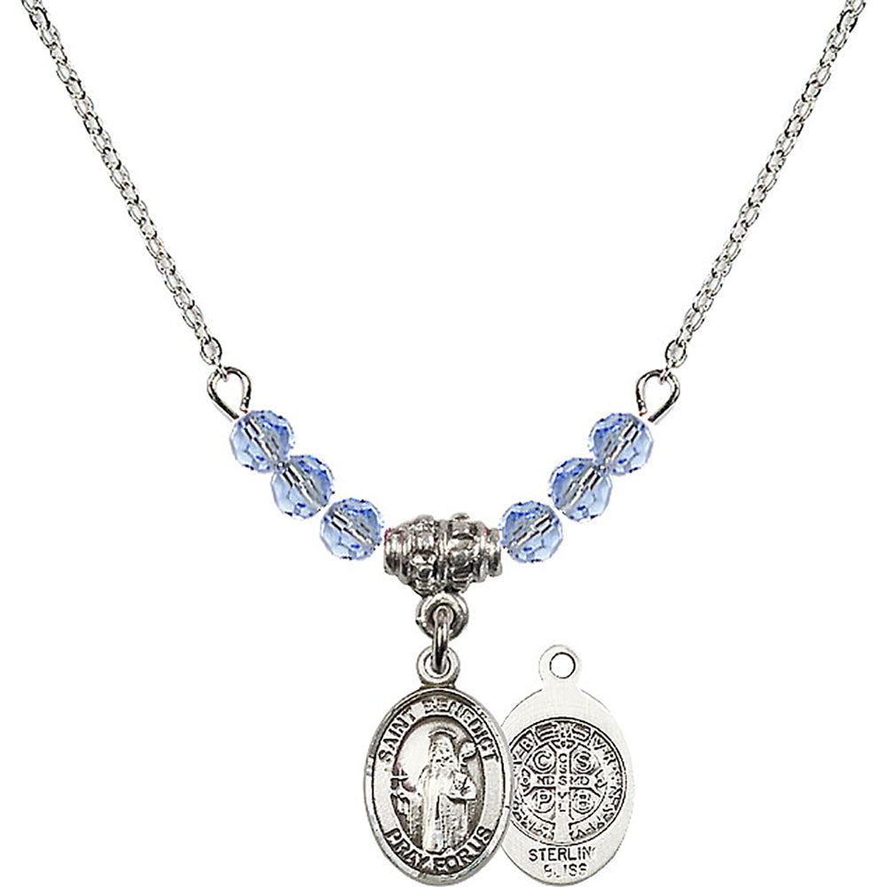 Sterling Silver Saint Benedict Birthstone Necklace with Light Sapphire Beads - 9008
