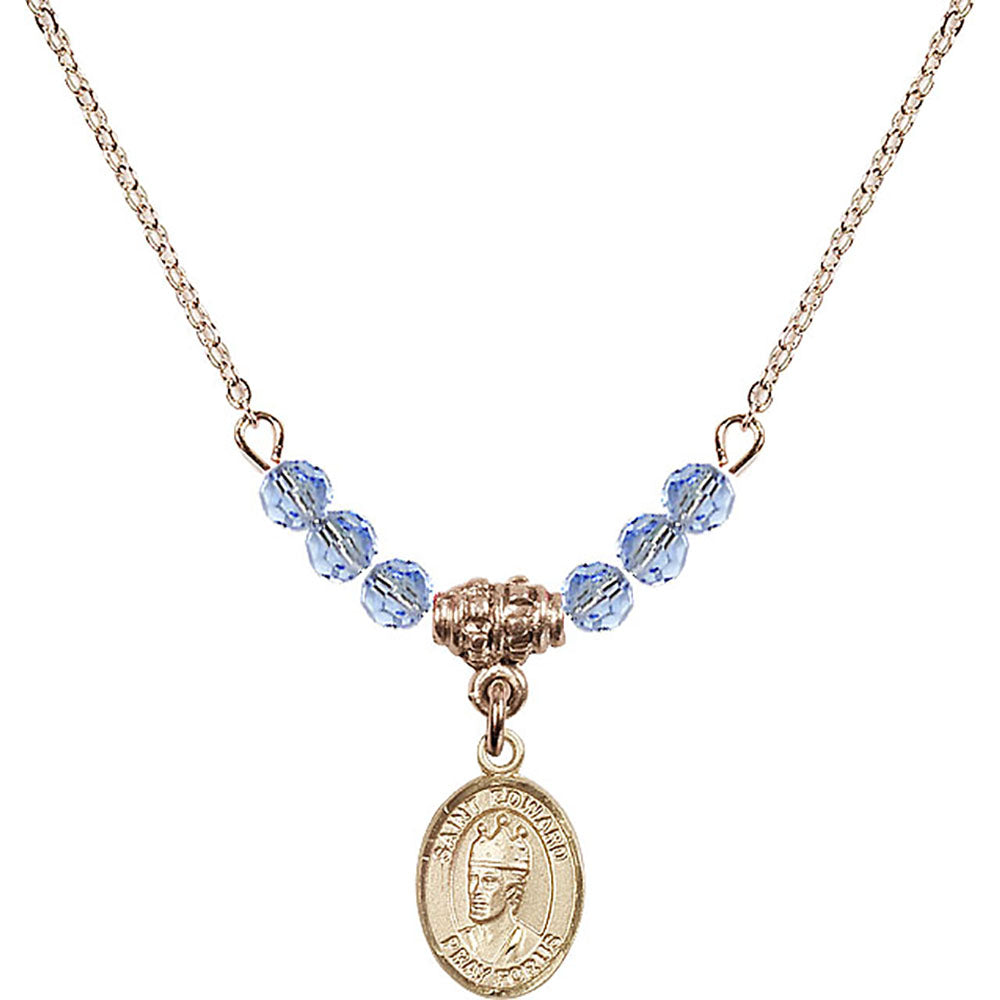 14kt Gold Filled Saint Edward the Confessor Birthstone Necklace with Light Sapphire Beads - 9026