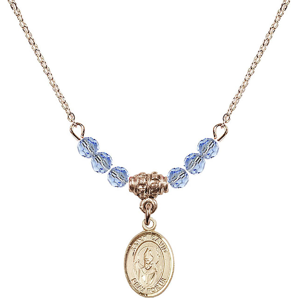 14kt Gold Filled Saint David of Wales Birthstone Necklace with Light Sapphire Beads - 9027
