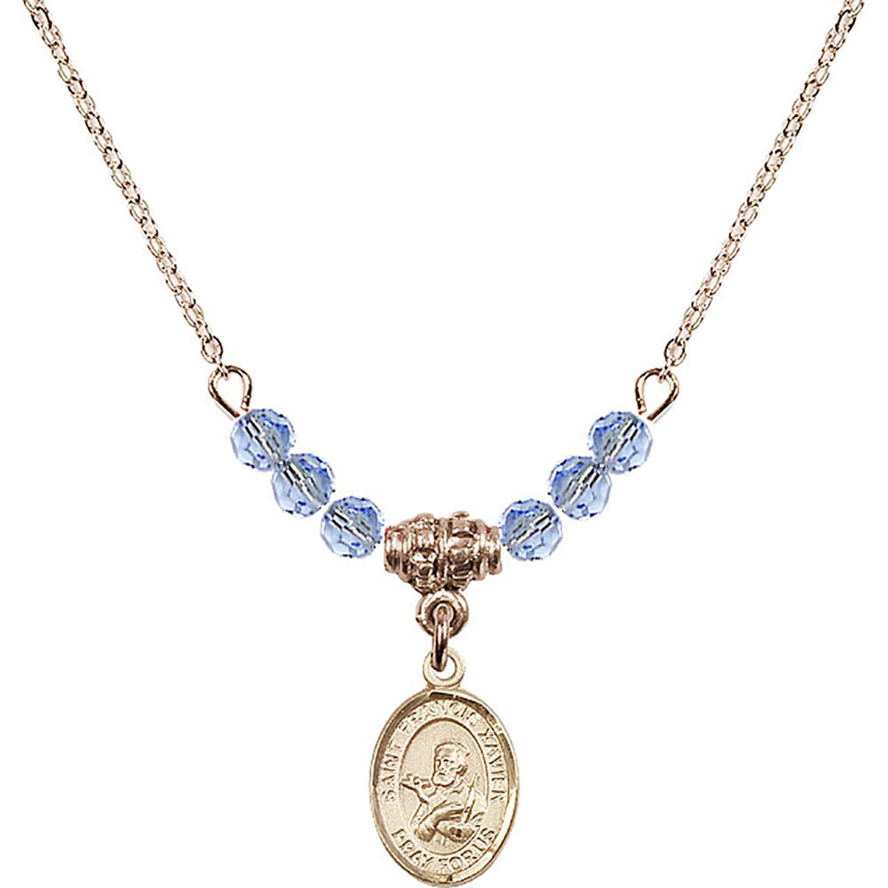 14kt Gold Filled Saint Francis Xavier Birthstone Necklace with Light Sapphire Beads - 9037