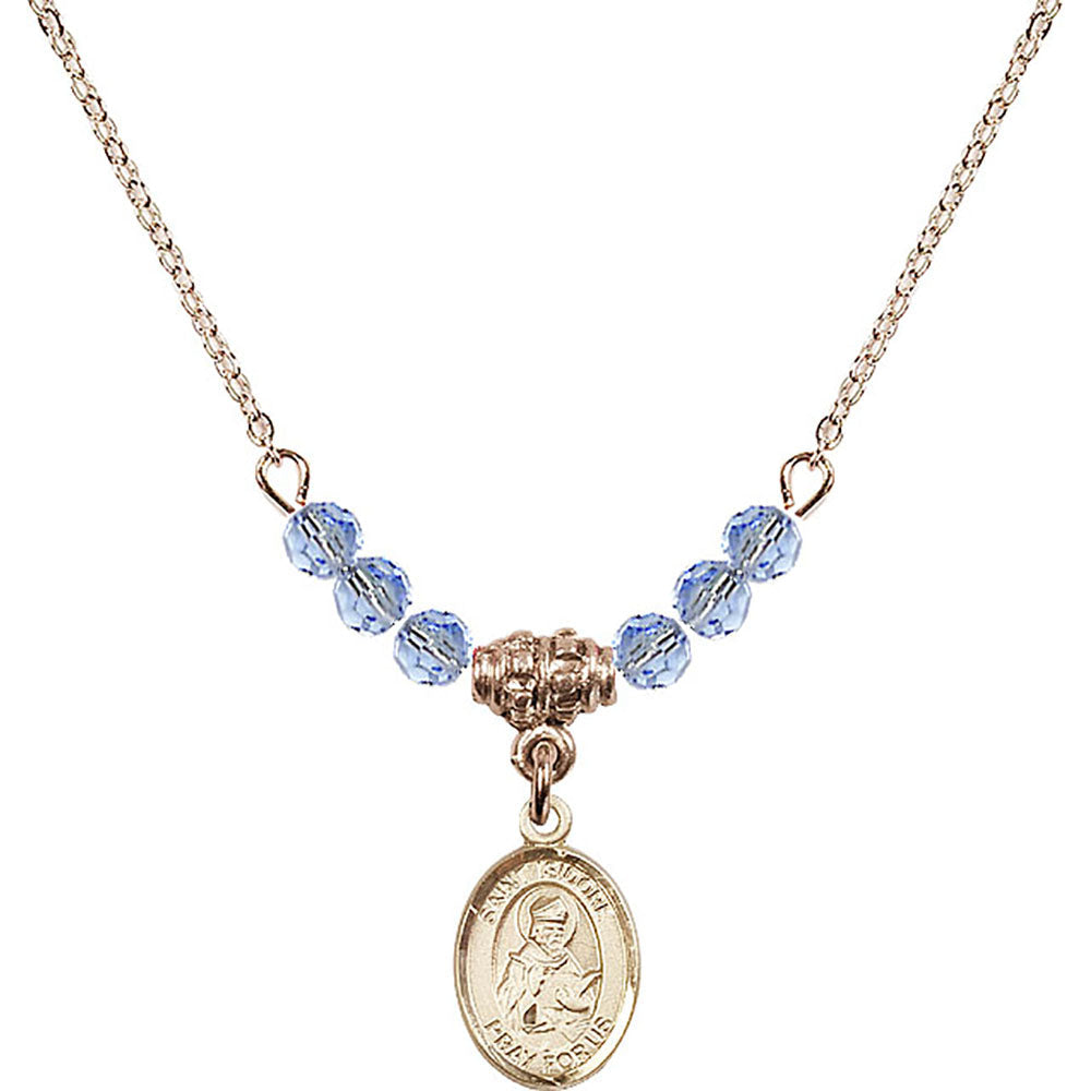 14kt Gold Filled Saint Isidore of Seville Birthstone Necklace with Light Sapphire Beads - 9049