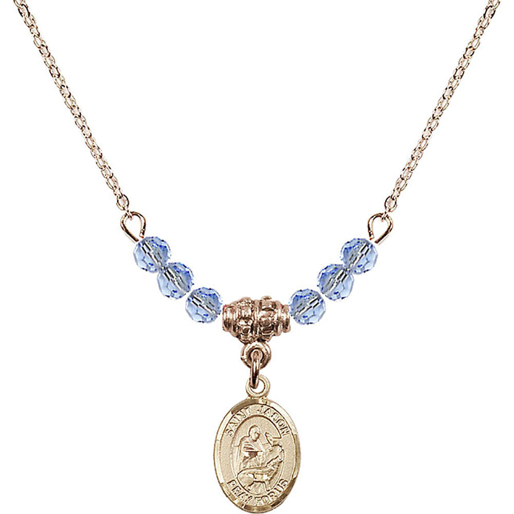 14kt Gold Filled Saint Jason Birthstone Necklace with Light Sapphire Beads - 9051