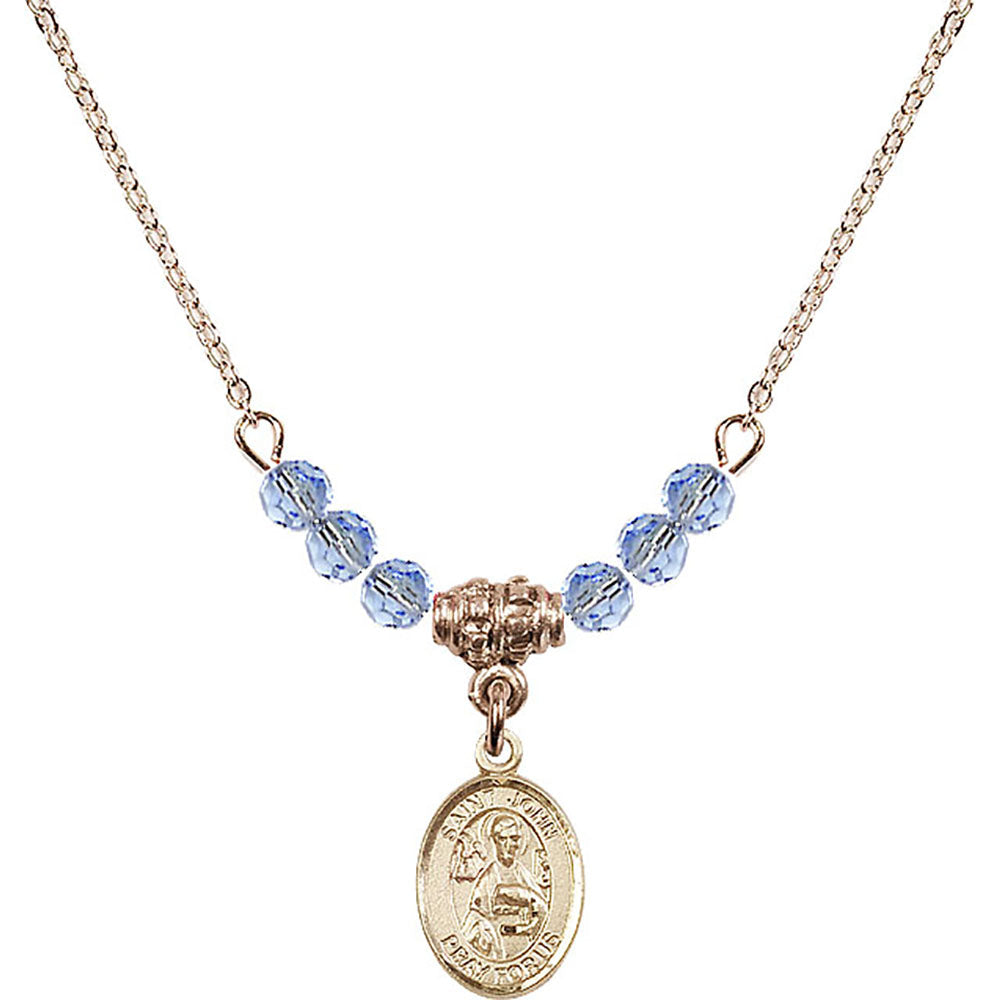 14kt Gold Filled Saint John the Apostle Birthstone Necklace with Light Sapphire Beads - 9056