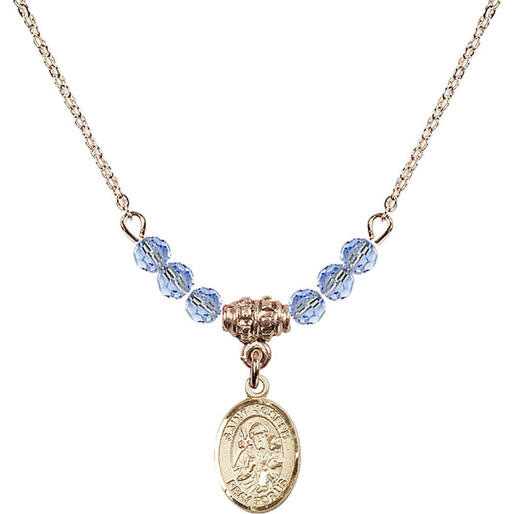 14kt Gold Filled Saint Joseph Birthstone Necklace with Light Sapphire Beads - 9058
