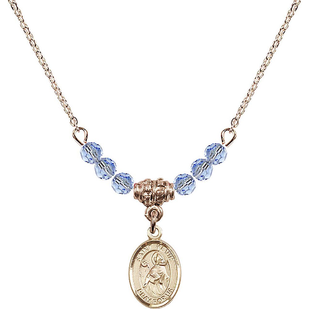 14kt Gold Filled Saint Kevin Birthstone Necklace with Light Sapphire Beads - 9062