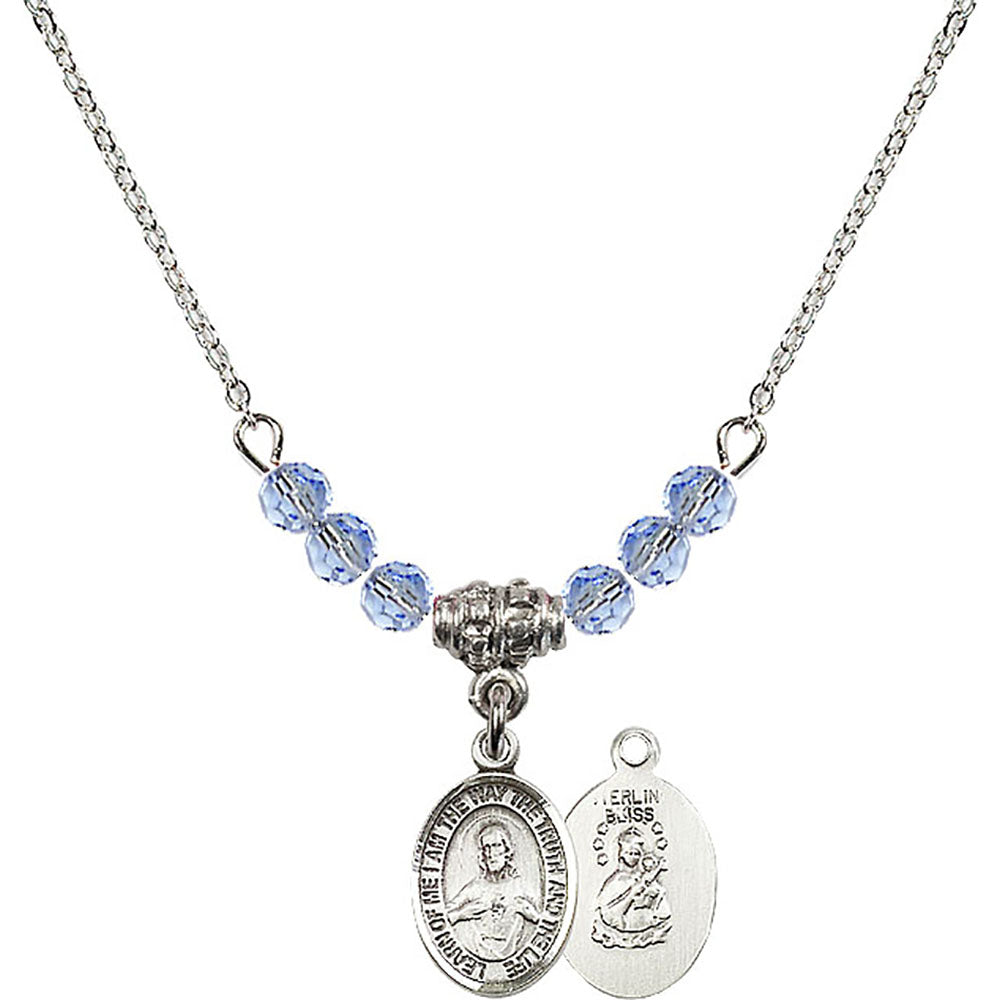 Sterling Silver Scapular Birthstone Necklace with Light Sapphire Beads - 9098