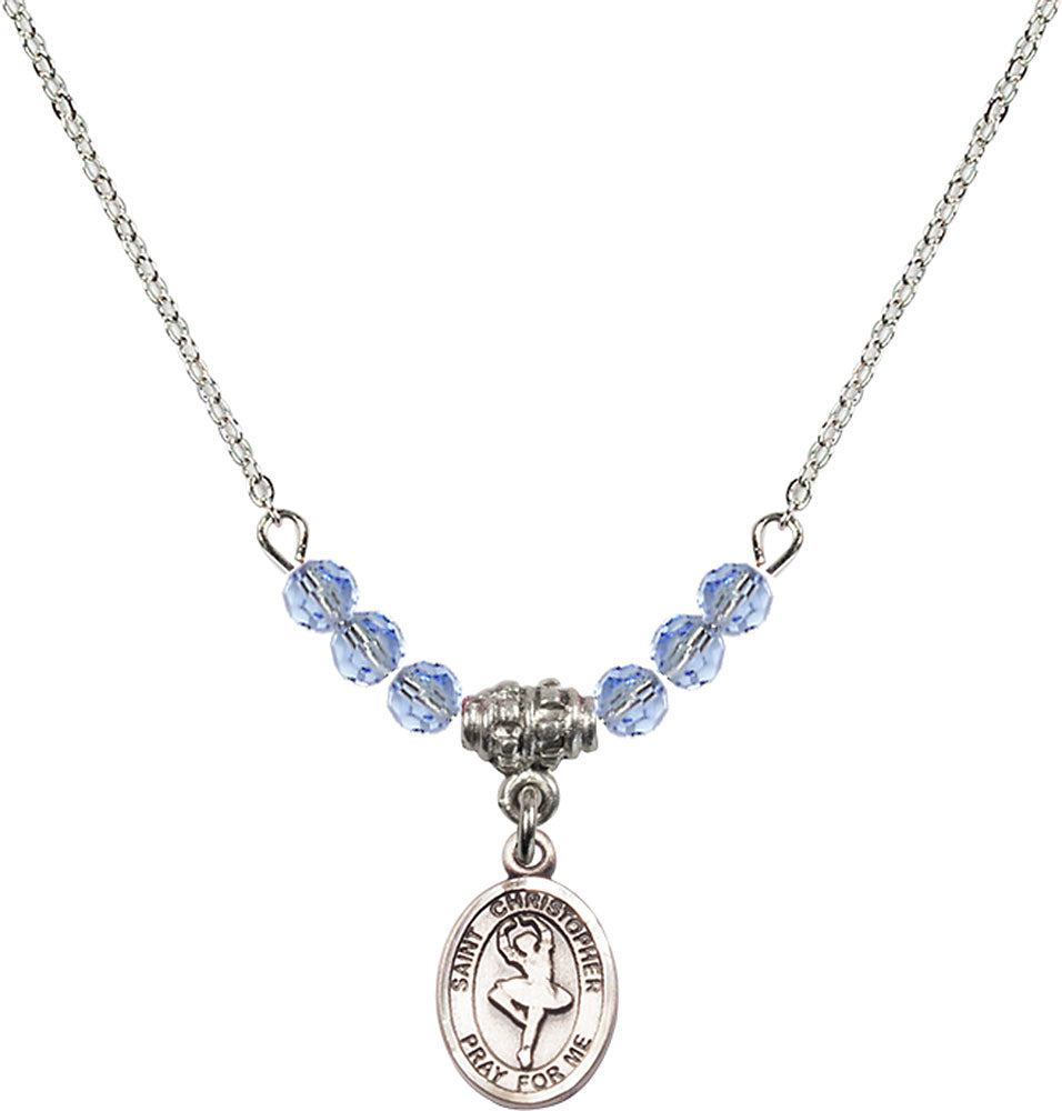 Sterling Silver Saint Christopher/Dance Birthstone Necklace with Light Sapphire Beads - 9143