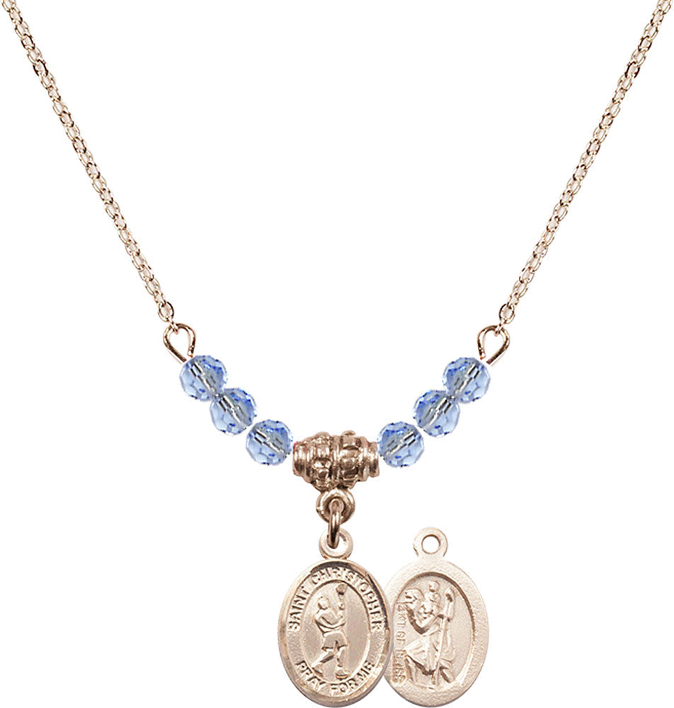 14kt Gold Filled Saint Christopher/Lacrosse Birthstone Necklace with Light Sapphire Beads - 9144