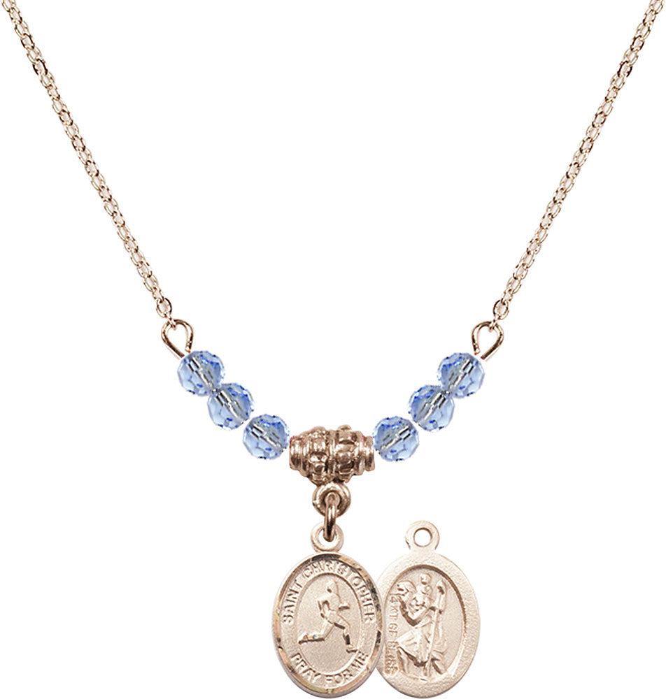 14kt Gold Filled Saint Christopher/Track & Field Birthstone Necklace with Light Sapphire Beads - 9149