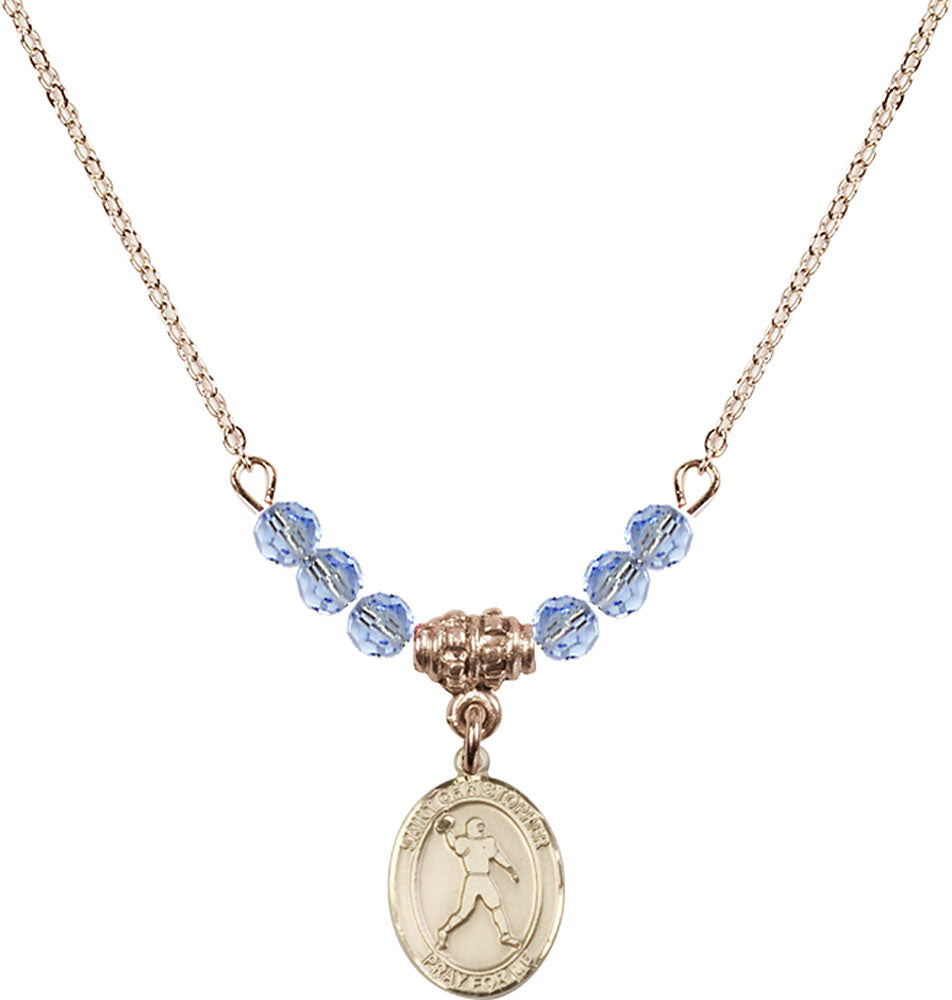 14kt Gold Filled Saint Christopher/Football Birthstone Necklace with Light Sapphire Beads - 9151