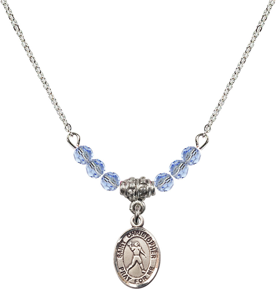 Sterling Silver Saint Christopher/Football Birthstone Necklace with Light Sapphire Beads - 9151