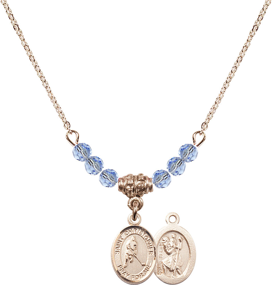 14kt Gold Filled Saint Christopher/Ice Hockey Birthstone Necklace with Light Sapphire Beads - 9155