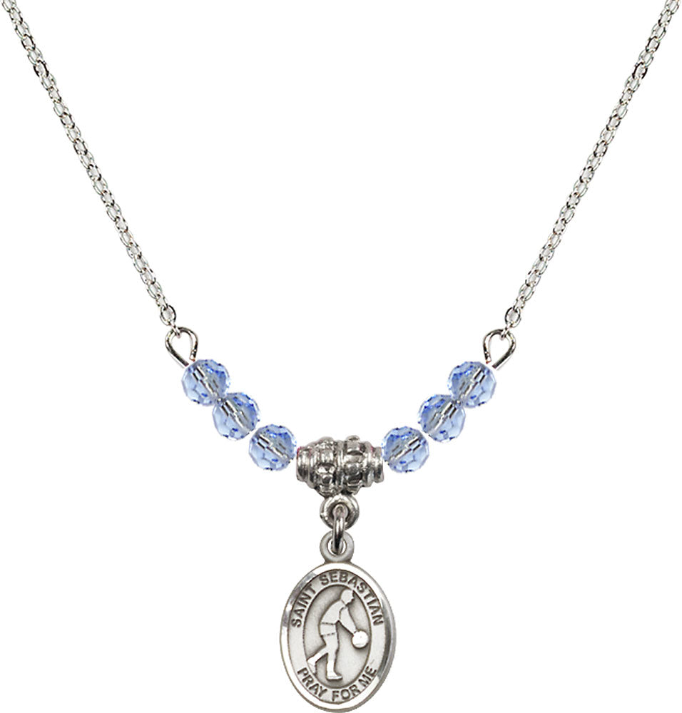 Sterling Silver Saint Sebastian/Basketball Birthstone Necklace with Light Sapphire Beads - 9163