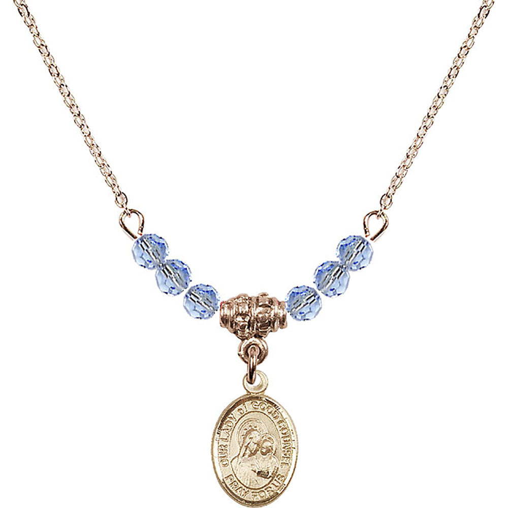 14kt Gold Filled Our Lady of Good Counsel Birthstone Necklace with Light Sapphire Beads - 9287