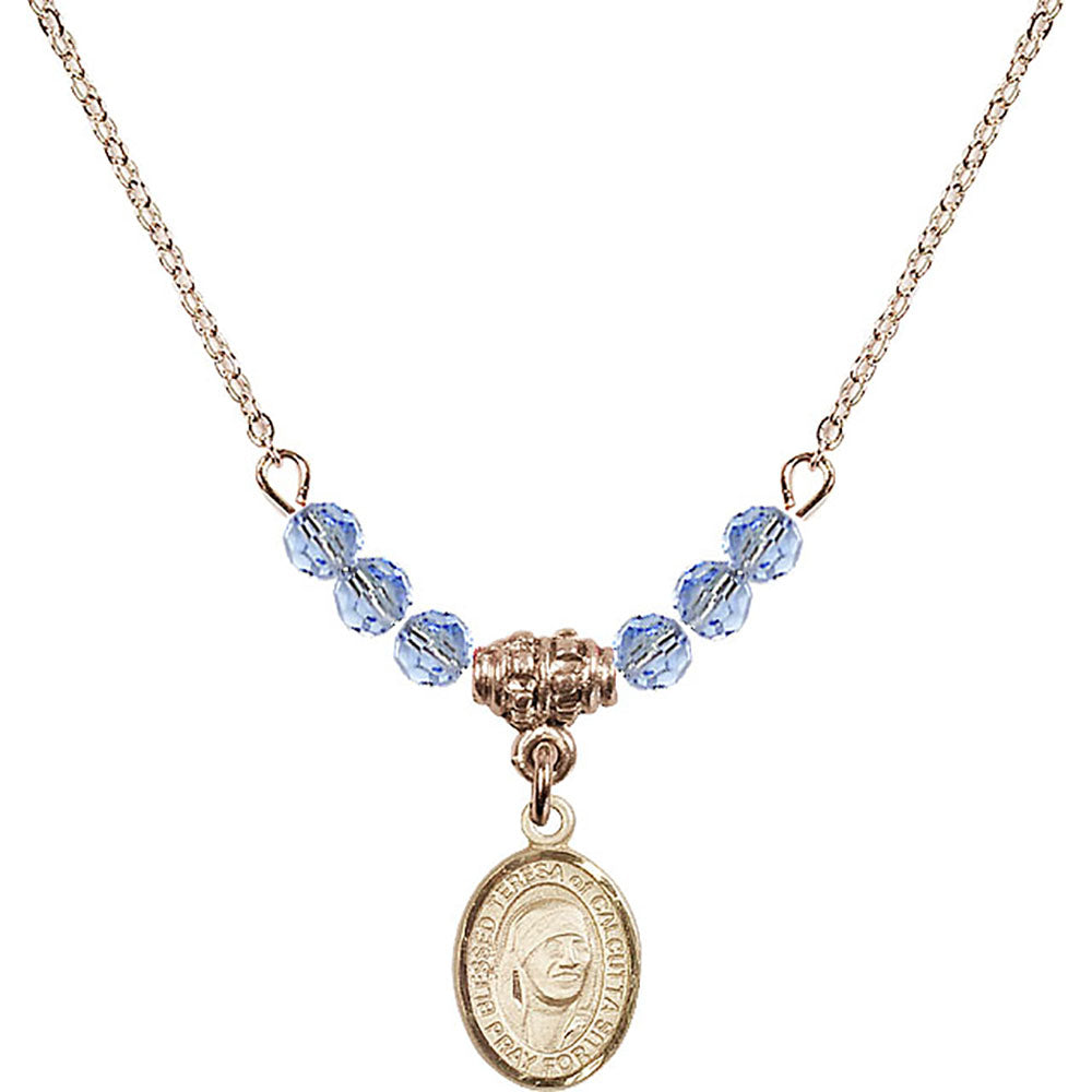 14kt Gold Filled Saint Teresa of Calcutta Birthstone Necklace with Light Sapphire Beads - 9295
